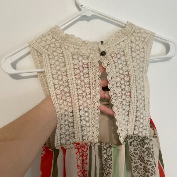 CABI 266 Whisper Gauze Tank Cream Beige Green Floral Striped Crochet Boho Blouse - Picture 15 of 16